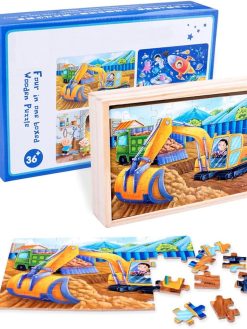 Vehicles 4-in-1 Wooden Jigsaw Puzzles in a Storage Box (12,24,36,48 pieces) - Toddler, Engineering Trucks Puzzles For Kids Ages 3+ - Gifts