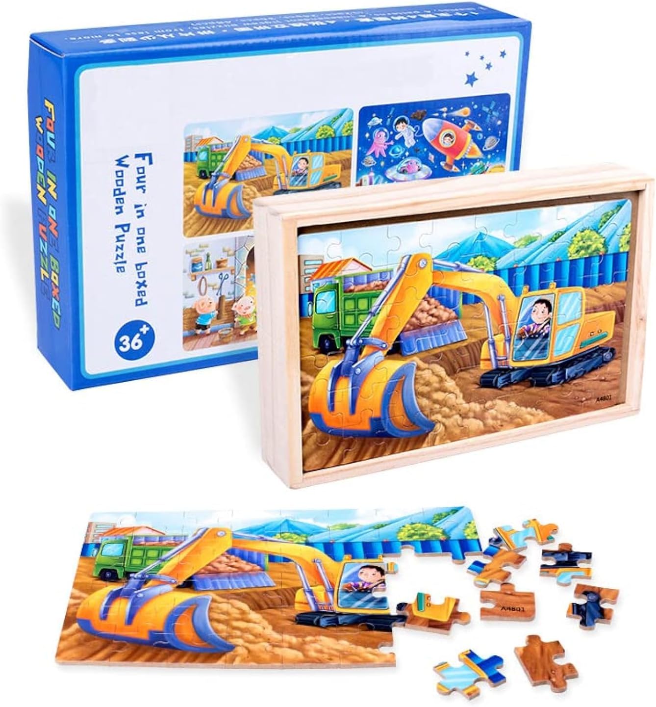 Vehicles 4-in-1 Wooden Jigsaw Puzzles in a Storage Box (12,24,36,48 pieces) - Toddler, Engineering Trucks Puzzles For Kids Ages 3+ - Gifts
