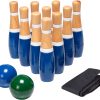 13-Piece Wood Bowling Set - Indoor/Outdoor Bowling Game for Adults and Kids Ages 3 and Up - 10 Wood Pins, 2 Balls, and Carrying Bag by Hey Play