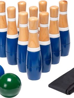 13-Piece Wood Bowling Set - Indoor/Outdoor Bowling Game for Adults and Kids Ages 3 and Up - 10 Wood Pins, 2 Balls, and Carrying Bag by Hey Play