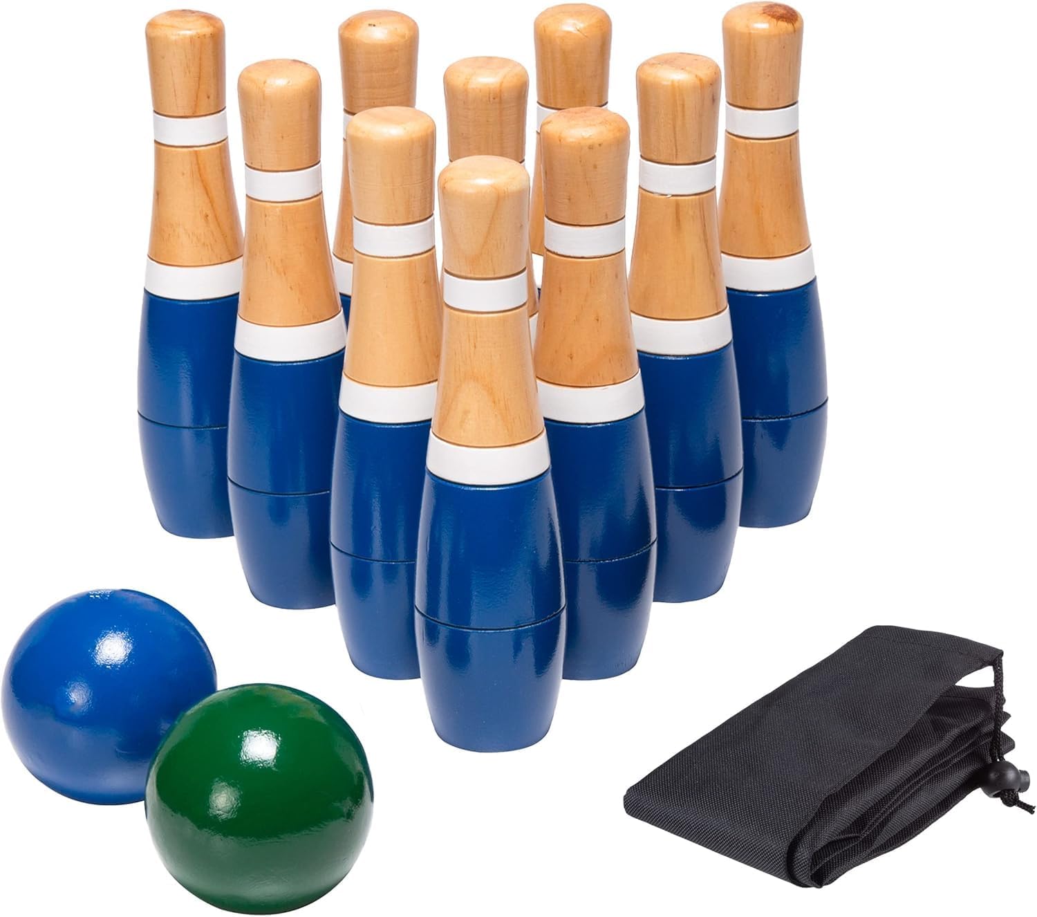 13-Piece Wood Bowling Set - Indoor/Outdoor Bowling Game for Adults and Kids Ages 3 and Up - 10 Wood Pins, 2 Balls, and Carrying Bag by Hey Play