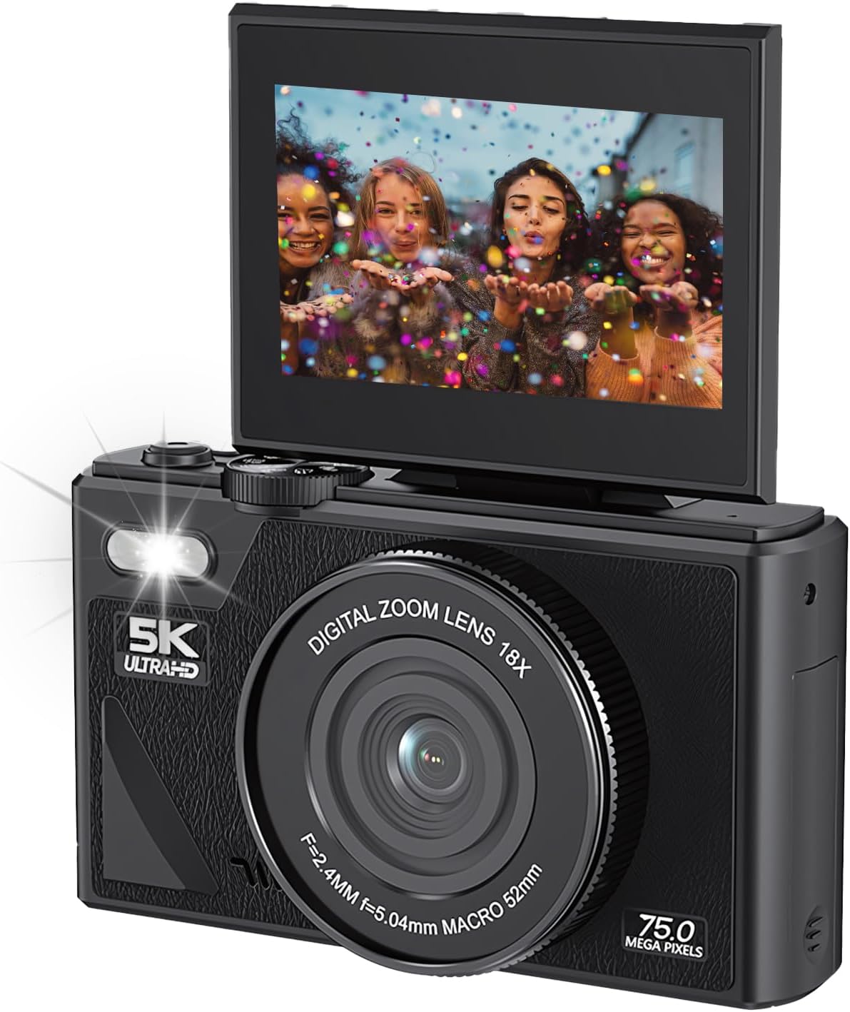 Bewinner Upgraded 5K UHD Camera, Compact Digital Camera for Photography, Portable 75MP Retro Digital Cam - 3in Flip Screen, 18X Digital Zoom, Auto Focus for Teens Students (Black)