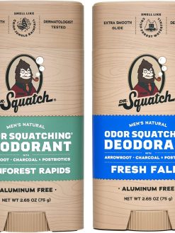 Dr. Squatch Natural Deodorant for Men - Odor-Squatching Aluminum Free - Rainforest Rapids & Fresh Falls (2.65 oz, 2-Pack)