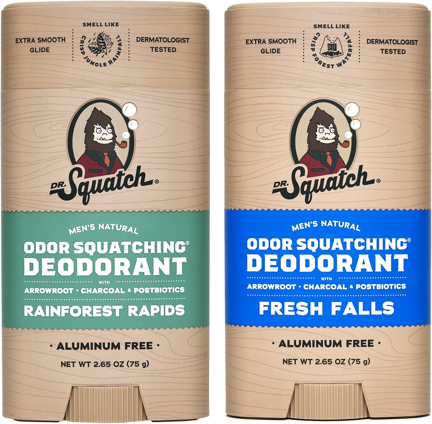 Dr. Squatch Natural Deodorant for Men - Odor-Squatching Aluminum Free - Rainforest Rapids & Fresh Falls (2.65 oz, 2-Pack)