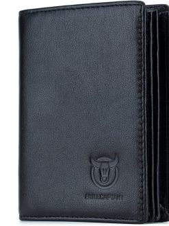 BULLCAPTAIN Large Capacity Genuine Leather Bifold Wallet/Credit Card Holder for Men with 15 Card Slots QB-027, Black, Small, Retro
