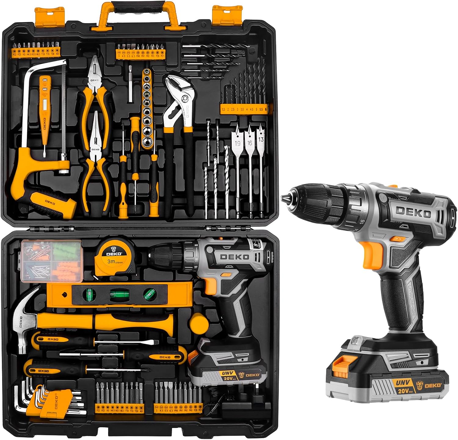 DEKO Cordless Drill Tool Kit Set: 20V Power Drill Tool Box with Battery Electric Drill Driver for Men Home Hand Repair Basic Toolbox Tools Sets Drills Case