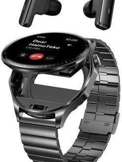 HainoTeko HainoTeko12 Waterproof Smartwatch With Builtin Wireless Earbuds Large Screen AMOLED Display 3 Pair Straps and Charging Cable Designed for Mens Black