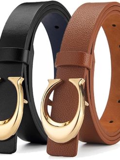 ASSHMHTC 2 Pack Women Leather Belts, for Jeans Pants Fashion Ladies Leather Belts with Gold Buckle, Adjustable Belts Skinny Belt Vintage Belt Waist Fashion Women's Accessories Waist Strap