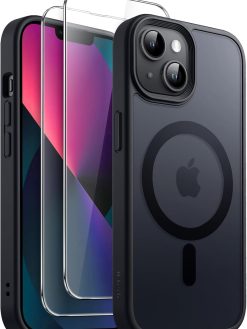 JETech 3 in 1 Magnetic Case for iPhone 13 mini 5.4-Inch with 2 Pack Tempered Glass Screen Protectors, Compatible with MagSafe, Translucent Matte Back Shockproof Phone Cover (Black)