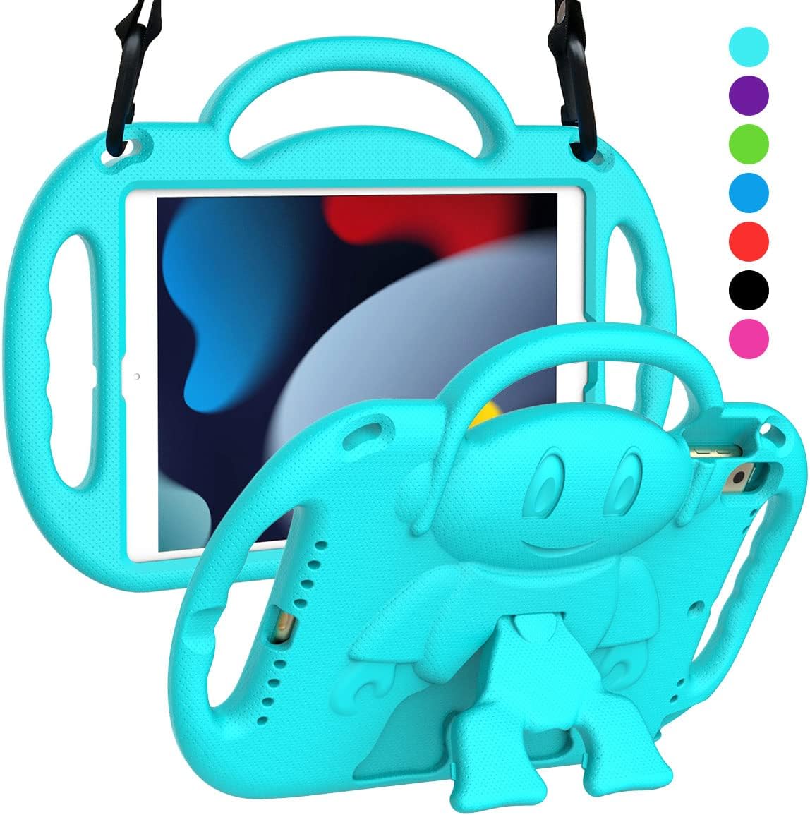 SUPLIK Kids Case for iPad 9th/8th/7th Generation (10.2 inch, 2021/2020/2019), iPad 10.2" Protective Case with Shoulder Strap Handle Stand for Apple iPad 7th/8th/9th Gen, Cyan