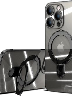 for iPhone 14 Pro Case with Magnetic Stand,[Compatible with MagSafe] Plating Metallic Glossy Full Protection Soft Clear Case for iPhone 14 Pro (Black)