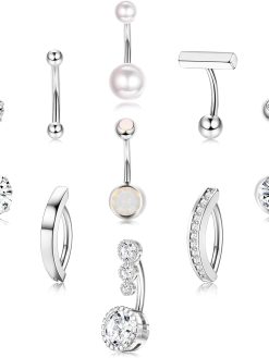FIASASO 9 Pcs Gold Belly Button Ring Surgical Stainless Steel Belly Rings CZ Opal Pearl Belly Button Ring Clicker Belly Piercings for Women Navel Piercings Pack Silver/Gold