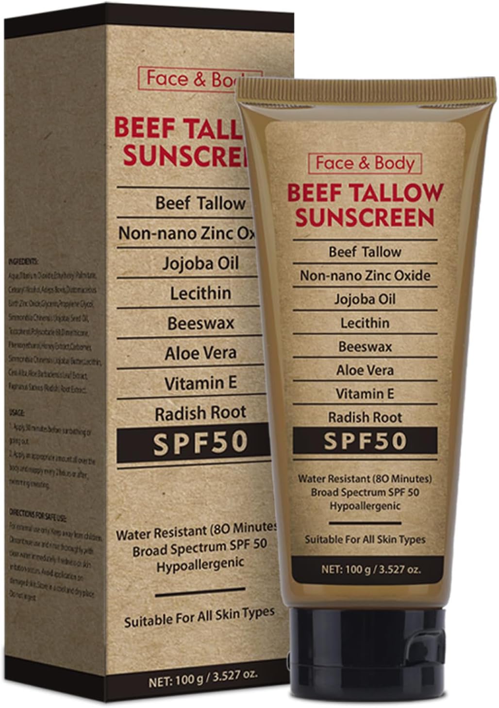 Beef Tallow Sunscreen SPF 50 with Zinc Oxide - Organic Tallow Based Sunscreen, Moisturizing Protection for Face & Body