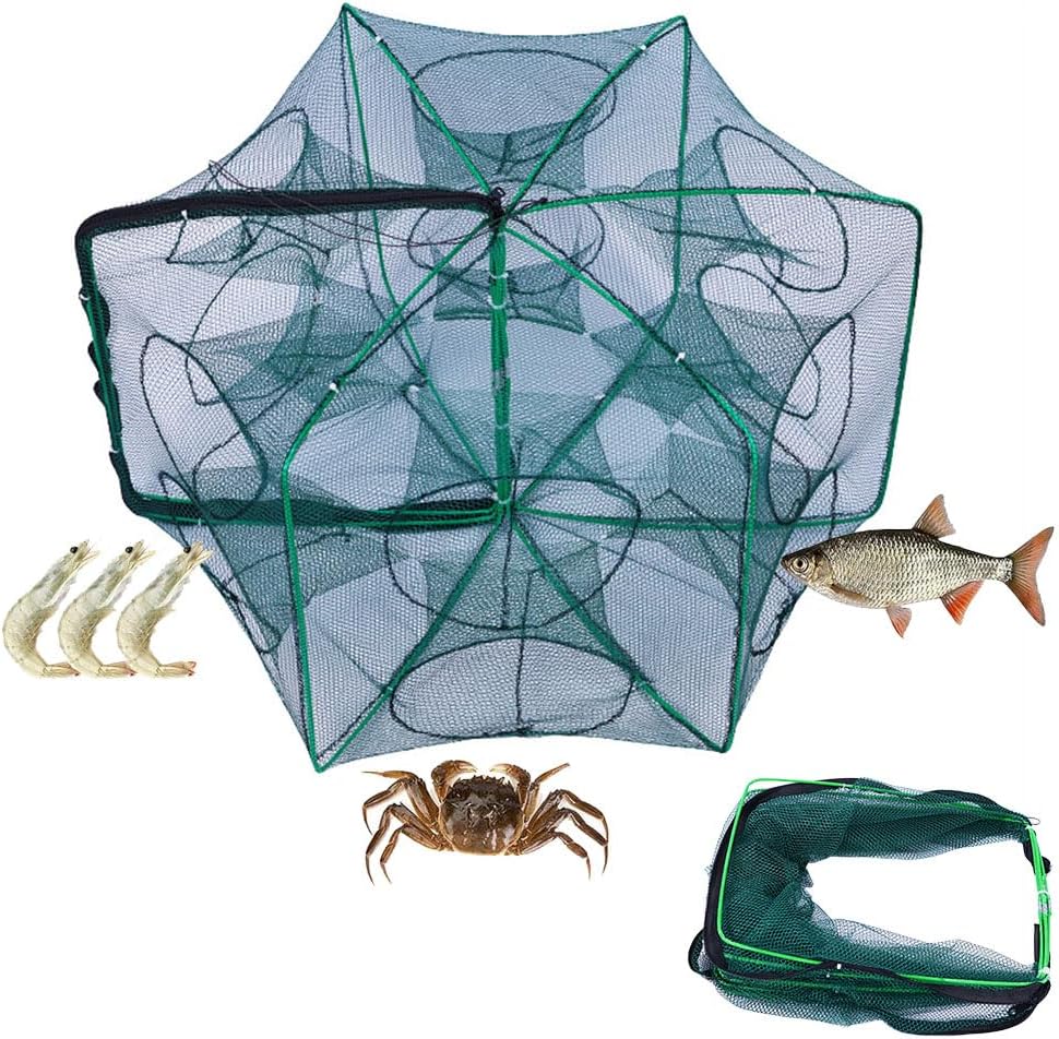 Goodern 12 Hole Folded fishing Net,Portable Hexagon Automatic fishing Shrimp Trap with Zipper,Double Layer Fish Shrimp Minnow Crab Baits Cast Mesh Trap Dip Cage for Freshwater Saltwater