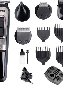 Geepas 11-IN-1 Rechargeable Grooming Set- GTR8300| With 6 Interchangeable Heads and 4 Comb Attachments| Includes a Charging Stand| Prefect for Home and Professional Styling| Black