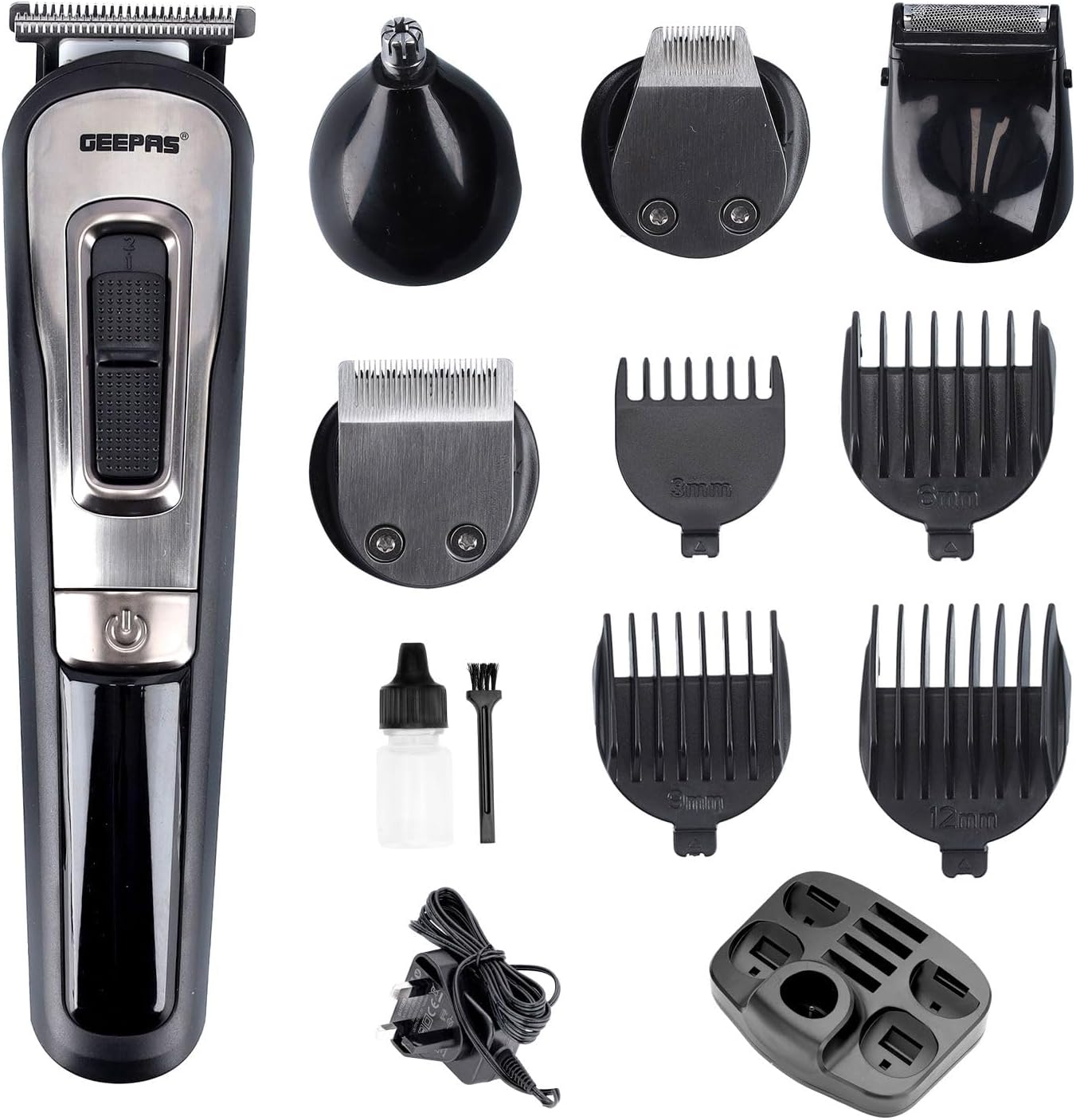 Geepas 11-IN-1 Rechargeable Grooming Set- GTR8300| With 6 Interchangeable Heads and 4 Comb Attachments| Includes a Charging Stand| Prefect for Home and Professional Styling| Black
