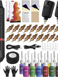 RHEIN Tattoo Kit - Complete Tattoo Machine Kit with 2 Batteries, 20 Needles, 14 Ink Colors - Wireless Tattoo Pen for Beginners and Artists