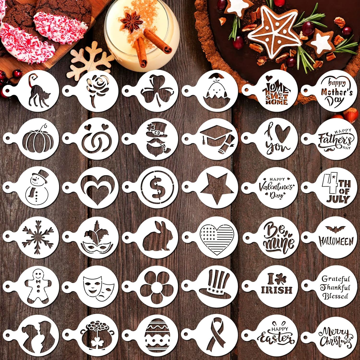 36 Pcs Seasonal Cookie Stencils Set Cake Stencils Reusable Baking Stencils DIY Coffee Drawing Templates Stencils Cupcake Dessert Decorating Baking Painting Tools for Birthday Halloween Valentine's Day