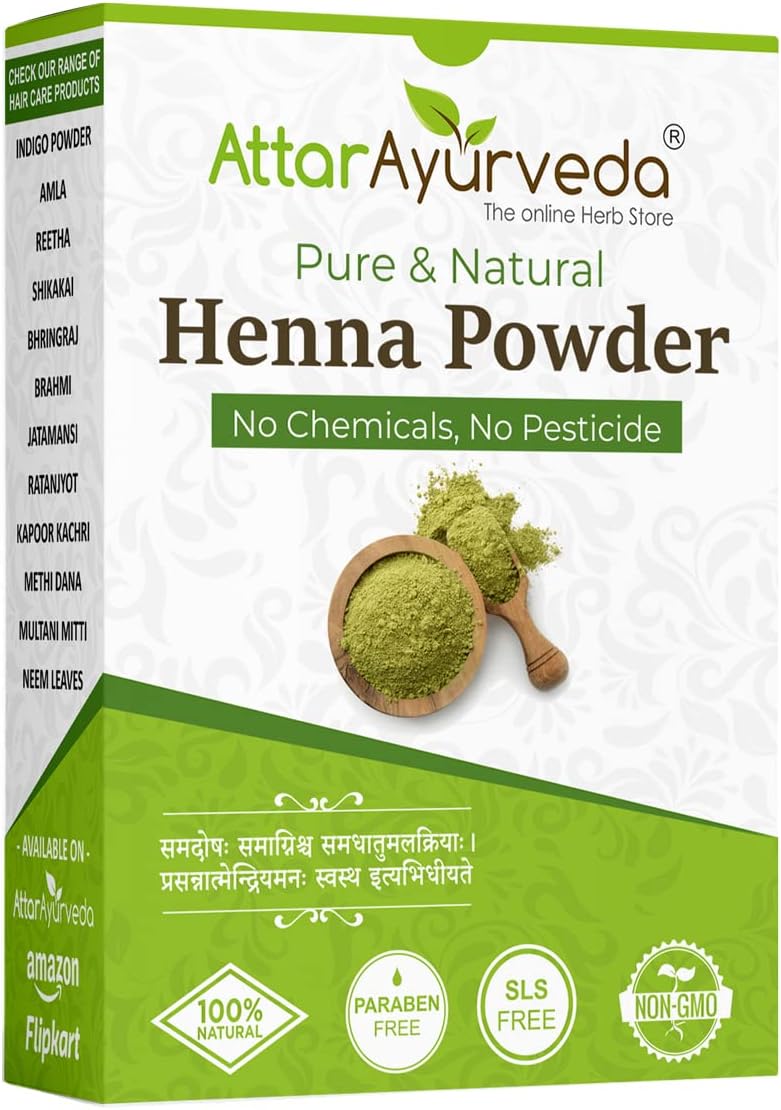 Attar Ayurveda Natural Henna Powder for Hair Color and Growth, Reduce Hair Fall 100% Natural No Added Preservative No Chemical Dye Added 7 Ounce