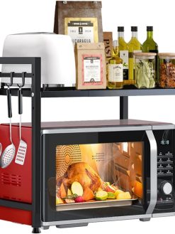 SKY-TOUCH Microwave Oven Rack, Expandable Microwave Stand with 6 Hooks, Kitchen Utensils Tableware Storage for Kitchen Dining Room