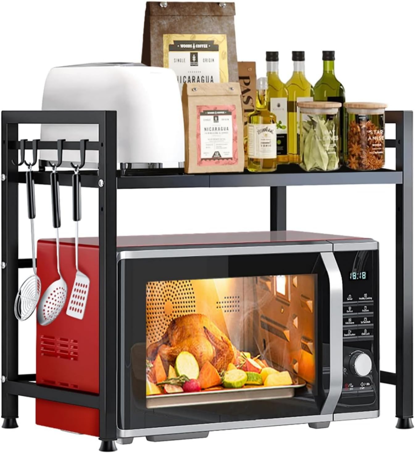 SKY-TOUCH Microwave Oven Rack, Expandable Microwave Stand with 6 Hooks, Kitchen Utensils Tableware Storage for Kitchen Dining Room