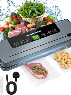 Mfzsyxb Vacuum Sealer Machine, 5-in-1 Full Automatic Food Saver, LED Indicator Lights, Dry/Moist Sealer, Built-in Cutter, 30 Sealing Bags, Stainless Steel, ABS, Grey, Automatic, Sealer