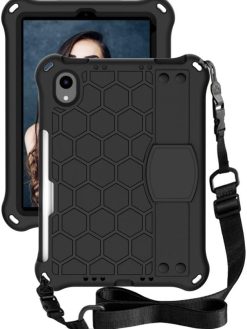 BLCshine Protective Case for iPad Mini 7 (A17 Pro) 2024 / iPad Mini 6 2021 8.3 Inch, Rugged Shockproof Silicone Protective Cover with Handle Stand and Shoulder Strap - Black+Black