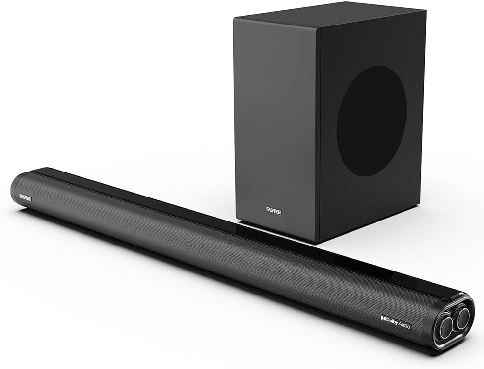 Faster Theater Pro T2000W Sound Bar Speaker-2.1CH Wireless Subwoofer Soundbar Dolby Audio Digital Plus- 5.0 Bluetooth Speaker 160W Audio Output- Home Theater Portable Speaker TV-ARC, PC, USB, AUX, OPT