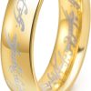 FASHGOOD 6mm Tungsten Ring for Men 14K Gold Plated Lord Rings Magic Power Rings Magic Words Inlay Ring High Polished Beveled Edge Comfort Fit,Wedding Band for Men Gold Size 7-13