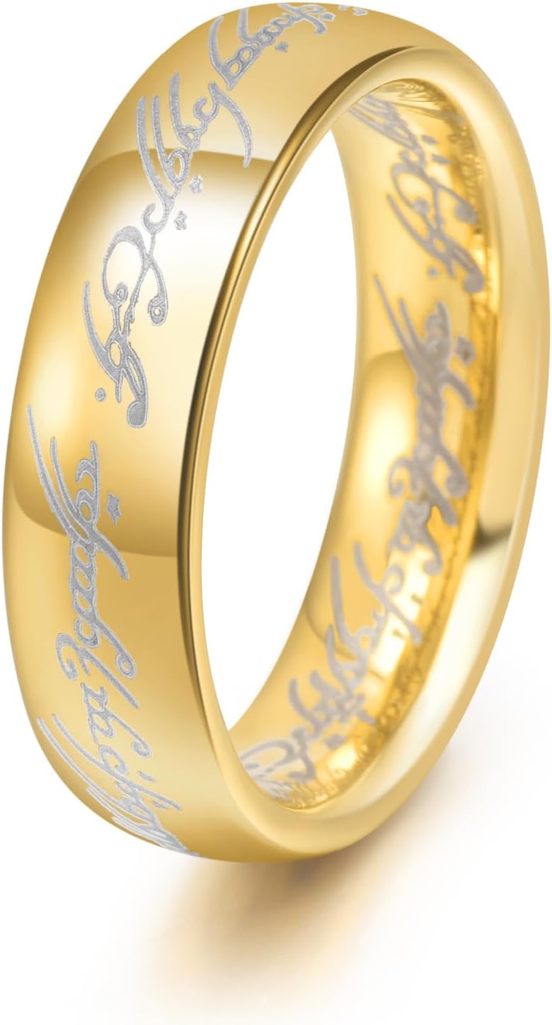FASHGOOD 6mm Tungsten Ring for Men 14K Gold Plated Lord Rings Magic Power Rings Magic Words Inlay Ring High Polished Beveled Edge Comfort Fit,Wedding Band for Men Gold Size 7-13