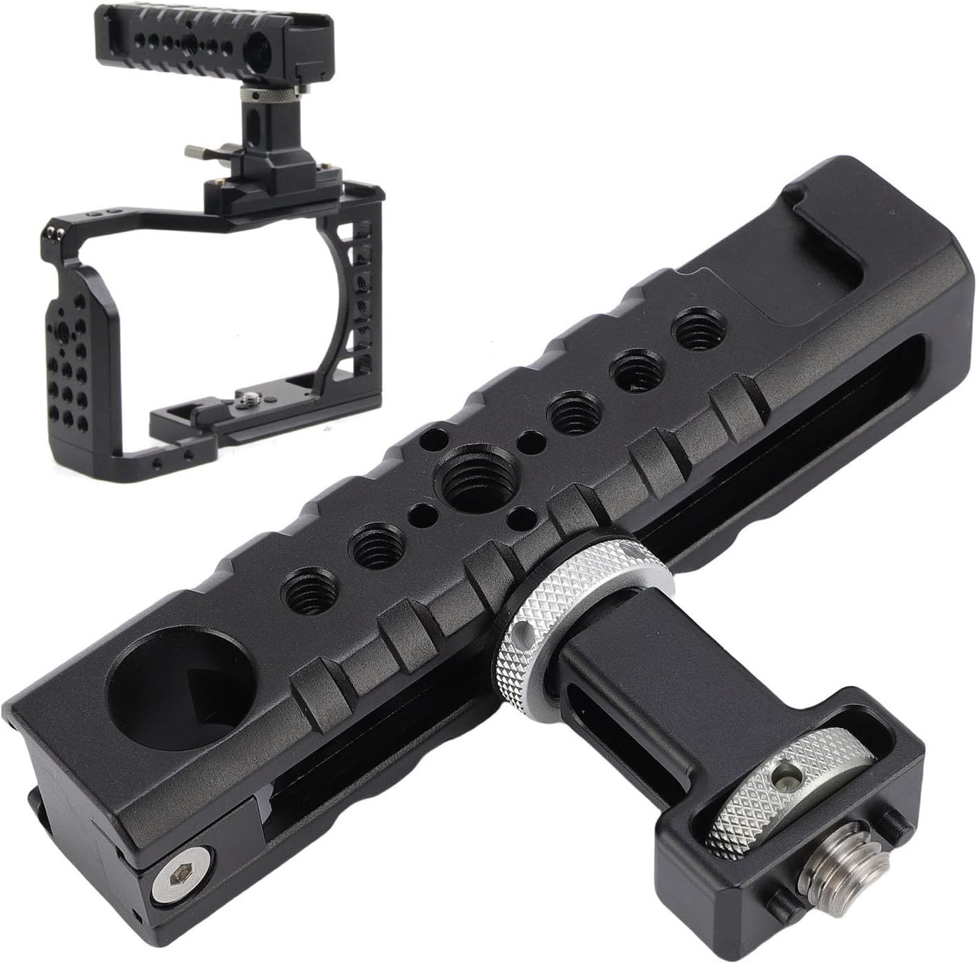 Plyisty Aluminum Alloy Camera Cage Top Handle with Movable Slide Rail, 1/4" & 3/8" Screw Ports, Cold Shoe Mount Ergonomic Grip for DSLR Video Rig