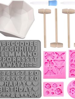 Swpeet 13Psc Heart Silicone Chocolate Molds Kit, Candy Jelly Cake Pop Mold Baking Tools Letter and Number Cookie Mold, Edible Fondant Rose Daisy Flowers Butterfly Leaves Molds for Baking