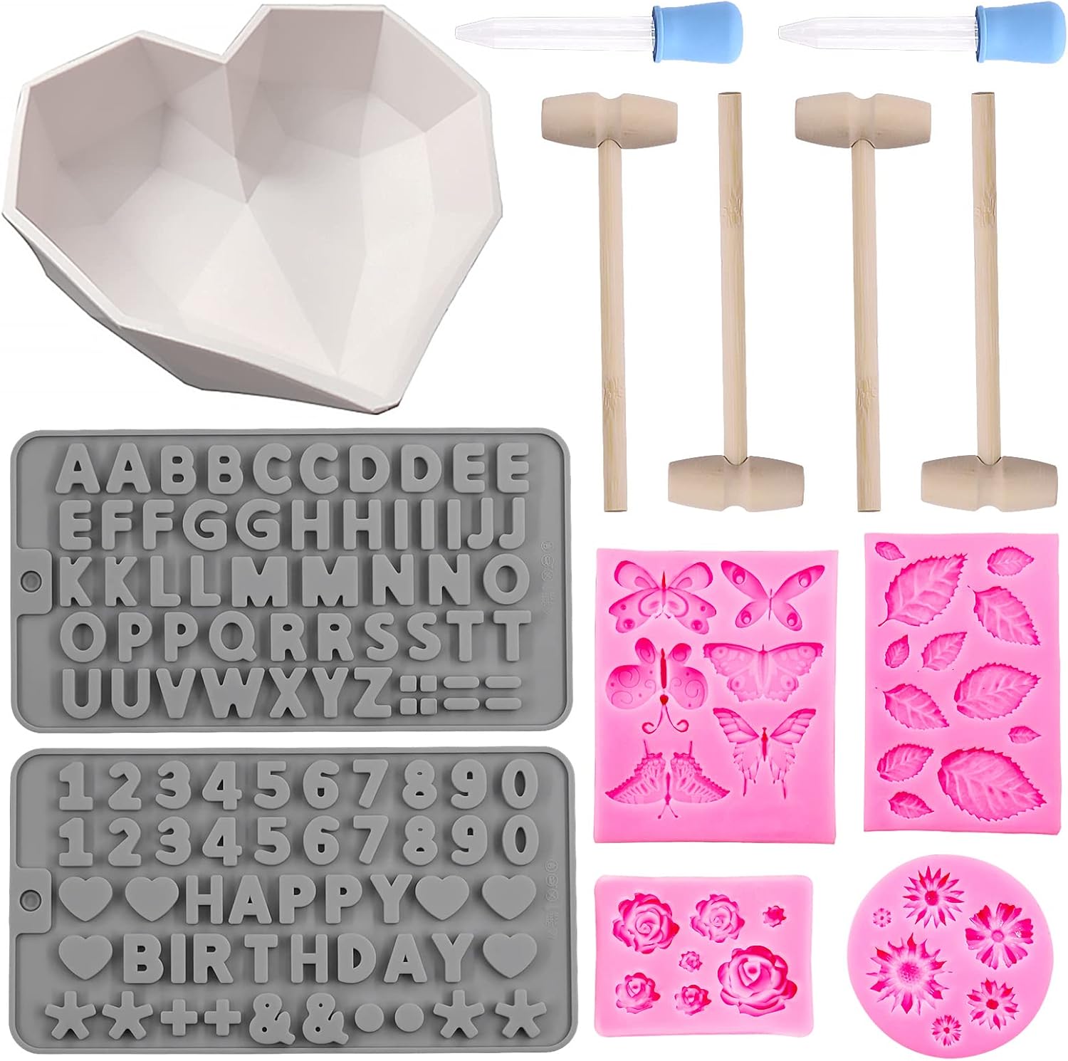 Swpeet 13Psc Heart Silicone Chocolate Molds Kit, Candy Jelly Cake Pop Mold Baking Tools Letter and Number Cookie Mold, Edible Fondant Rose Daisy Flowers Butterfly Leaves Molds for Baking