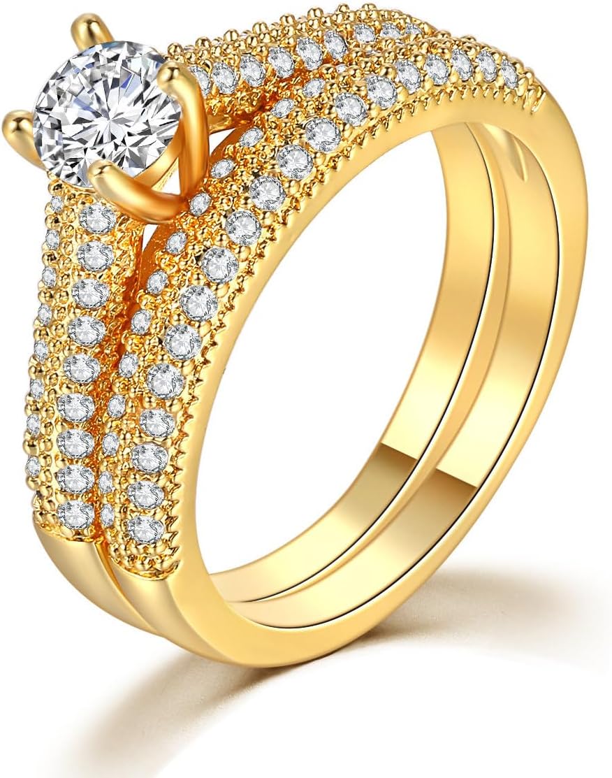 FARSH New Women's Fashionable High end Luxury Bridal Engagement and Wedding Double layered Pair Ring Plated with Gold Zircon Micro inlaid Proposal Set Ring 7#