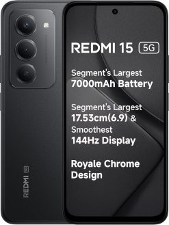 Redmi 15 5G Midnight Black 8GB + 256GB | Segment's Largest 7000mAhA Battery | Largest Display 17.53cm(6.9) 144Hz | Snapdragon 6s Gen 3 | 18W Reverse Charging | 50MP AI Dual Camera | Indian Version
