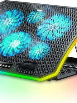 TopMate C12 Laptop Cooling Pad RGB Gaming Notebook Cooler for Desk and Lap Use, Laptop Fan Stand 8 Adjustable Heights with 6 Quiet Fans and Phone Holder, for 15.6-17.3 Inch Laptops-Ice Blue LED Light