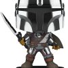 POP Funko Star Wars Mandalorian with Darksaber Chrome & Glow in The Dark, Exclusive, Multicolor, 58797, 3.75 inches