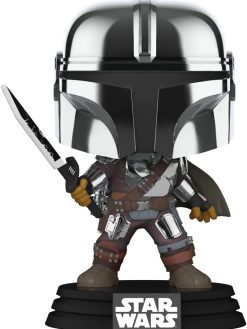 POP Funko Star Wars Mandalorian with Darksaber Chrome & Glow in The Dark, Exclusive, Multicolor, 58797, 3.75 inches