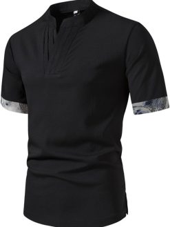 Men's Chinese Style Stand Collar Shirt Summer Solid Color Slim Fit Hem Split Short Sleeve Shirt