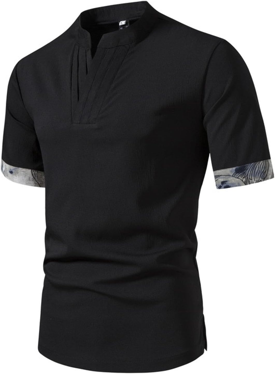 Men's Chinese Style Stand Collar Shirt Summer Solid Color Slim Fit Hem Split Short Sleeve Shirt