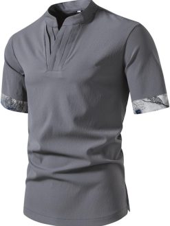 Men's Chinese Style Stand Collar Shirt Summer Solid Color Slim Fit Hem Split Short Sleeve Shirt