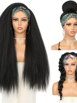 SYOSI 26 Inch Curly Straight Hairband, Women Wig Straight Hairband Headband Fashion Women Long Wig No Glue Heat Resistant Fiber Hair Synthetic Lace Front Wig Curly Afro Women Wig (Black)