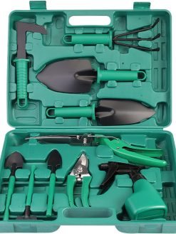 NC Garden Tool Set with Trowel, Rake, Pruner, Shears, Sprayer, and More - Plastic Carrying Case with Handle - Gardening Gifts for Men and Women - 10 Piece Set - Contains for Gardening