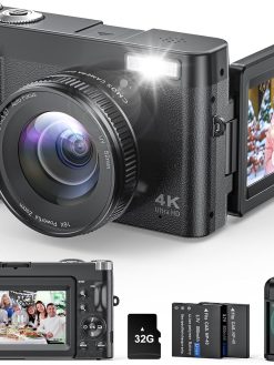 4K Digital Camera for Photography and Video, Autofocus Anti-Shake 48MP Vlogging Camera for YouTube, 3'' 180°Flip Screen Camera with Flash 16X Zoom, Digital Camera with 32GB Card Battery Charger Black