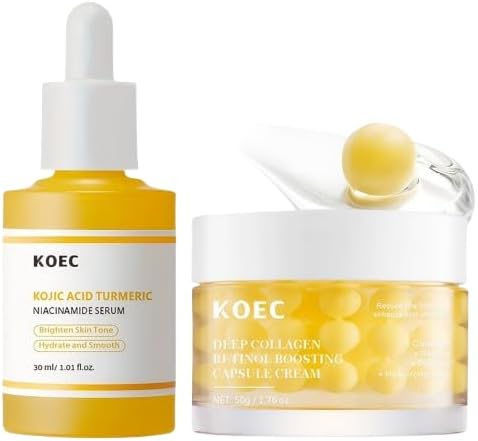 KOEC Skincare Set, Kojic Acid Turmeric Serum 30ml + Deep Collagen Retinol Cream 52ml, For Volumising & Hydrating