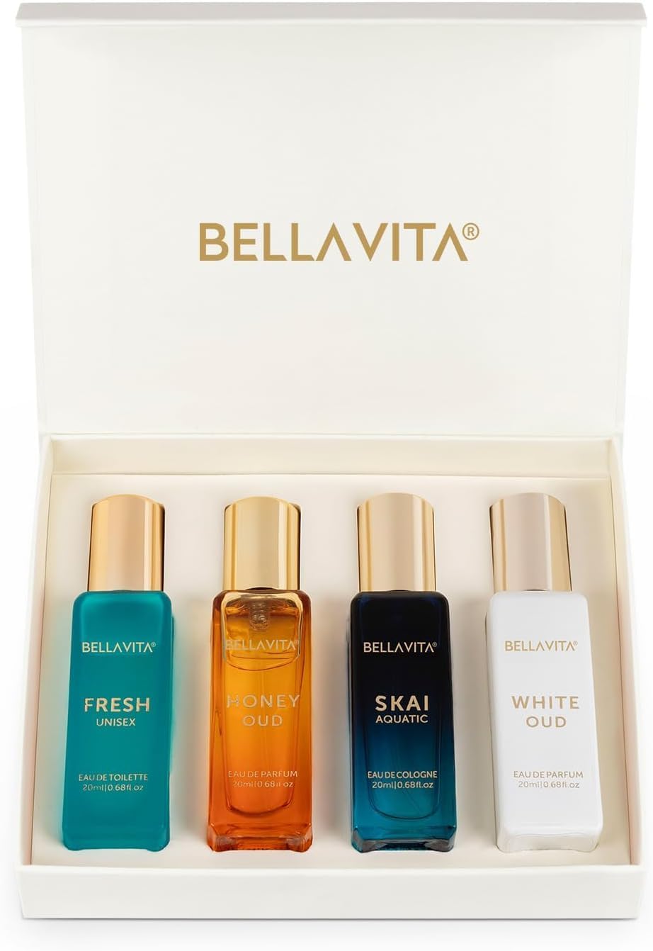 BellaVita Luxury Unisex Perfume Gift Set for Women & Men | Includes Honey OUD, SKAI, FRESH, White OUD, Perfume Set | Long Lasting Perfume Scents | Premium Collection Perfumes (4x20ml)