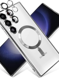 E Choice Galaxy S22 Ultra Magnetic Clear Case with Camera Lens Protector, Mag-Safe Compatible Slim Thin Transparent Phone Case Cover for Samsung Galaxy S22 Ultra 6.8 Inch (Silver)