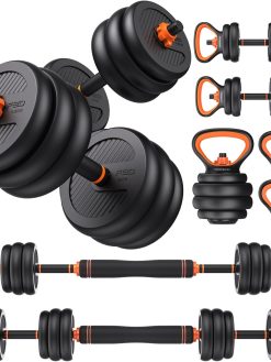 FEIERDUN Adjustable Dumbbells, 20/30/40/50/70/90lbs Free Weight Set with Connector, 5 in1 Dumbbells Set Used as Barbell, Kettlebells, Push up Stand, Weight Plate, Fitness Exercises for Home Gym