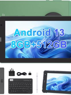 C idea 7 Inch Tablet,Android 13 Tablet,Quad Core Processor,8GB RAM 512GB ROM,512GB Expand,Dual Camera,Tablet with SIM, WiFi,Bluetooth,Case,StylusCM518 Pro (Green)