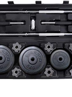 Sparnod Fitness 50kg Adjustable Dumbbell & Barbell Weight Set Set with 4 Rods and 14 Plates - Dumbbells with Anti-slip Grip, Barbell rod & Carry Case (SD-50)
